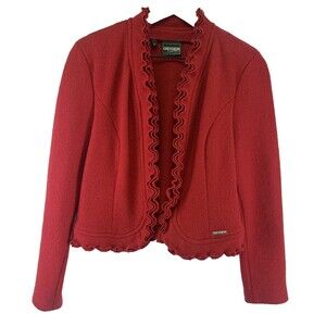 Geiger Red Wool Blazer Scalloped Layered Trim Short Open Front Womens 38 Medium